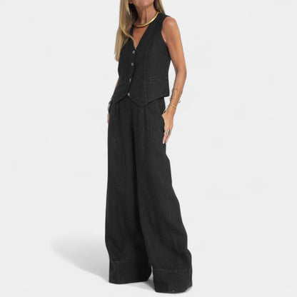  Gleame.-Outfit sets-Gleame Set - Tweedelig linnen pak met mouwloos gilet en wijde broek