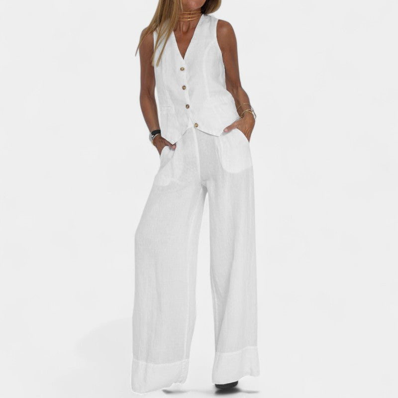  Gleame.-Outfit sets-Gleame Set - Tweedelig linnen pak met mouwloos gilet en wijde broek