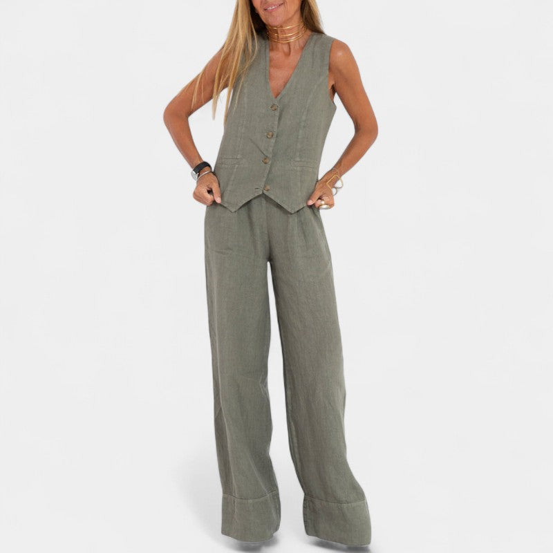 Gleame.-Outfit sets-Gleame Set - Tweedelig linnen pak met mouwloos gilet en wijde broek