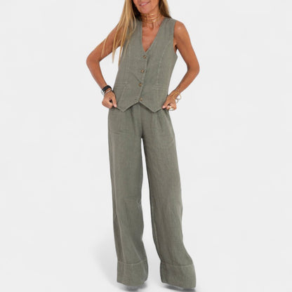 Gleame.-Outfit sets-Gleame Set - Tweedelig linnen pak met mouwloos gilet en wijde broek