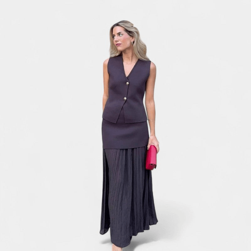 Gleame Tweedelige Outfit Set - Vrouwelijke set van lange rok en gilet