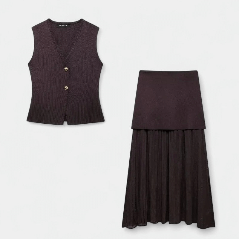 Gleame Tweedelige Outfit Set - Vrouwelijke set van lange rok en gilet