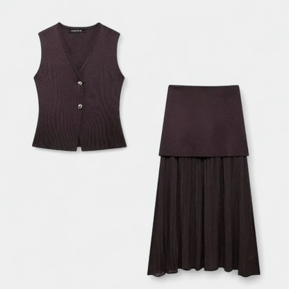Gleame Tweedelige Outfit Set - Vrouwelijke set van lange rok en gilet
