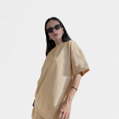 Gleame.-Outfit sets-Gleame Tweedelige Set - Oversized shirt met ronde hals en short met hoge taille