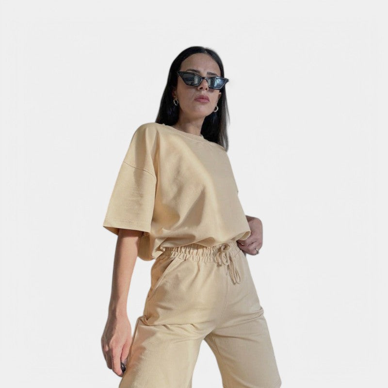 Gleame.-Outfit sets-Gleame Tweedelige Set - Oversized shirt met ronde hals en short met hoge taille