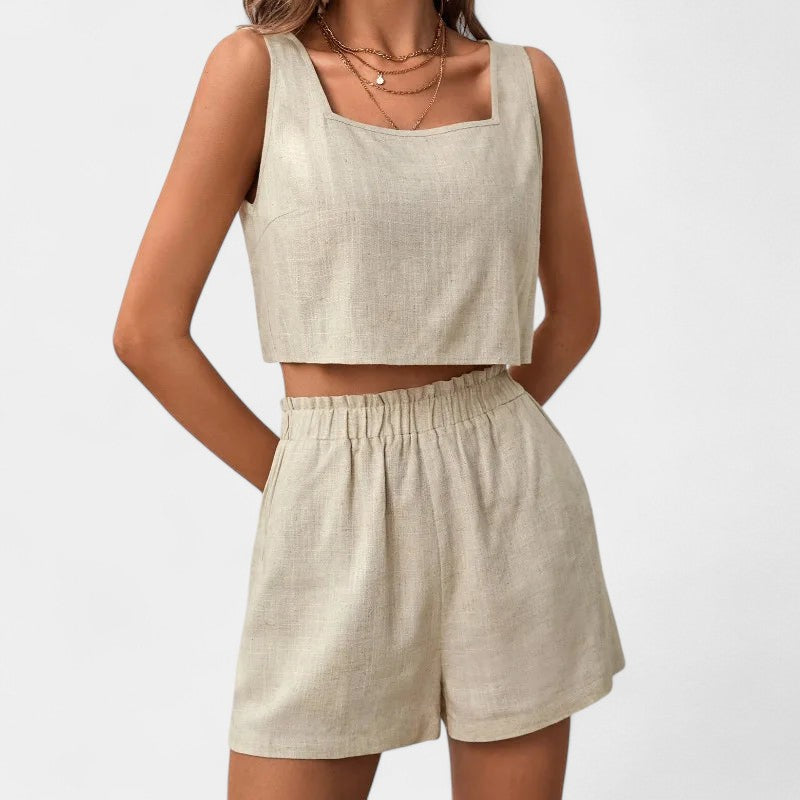  Gleame.-Outfit sets-Gleame Tweedelige outfit Set - Linnen set van korte broek en crop top