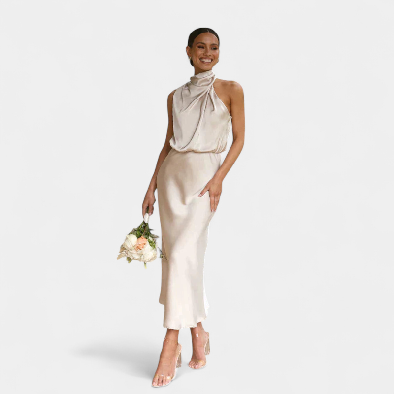 Gleame.-Party dress-Gleame Jurk - Satijnen midi-jurk met halternek en elegante plooival