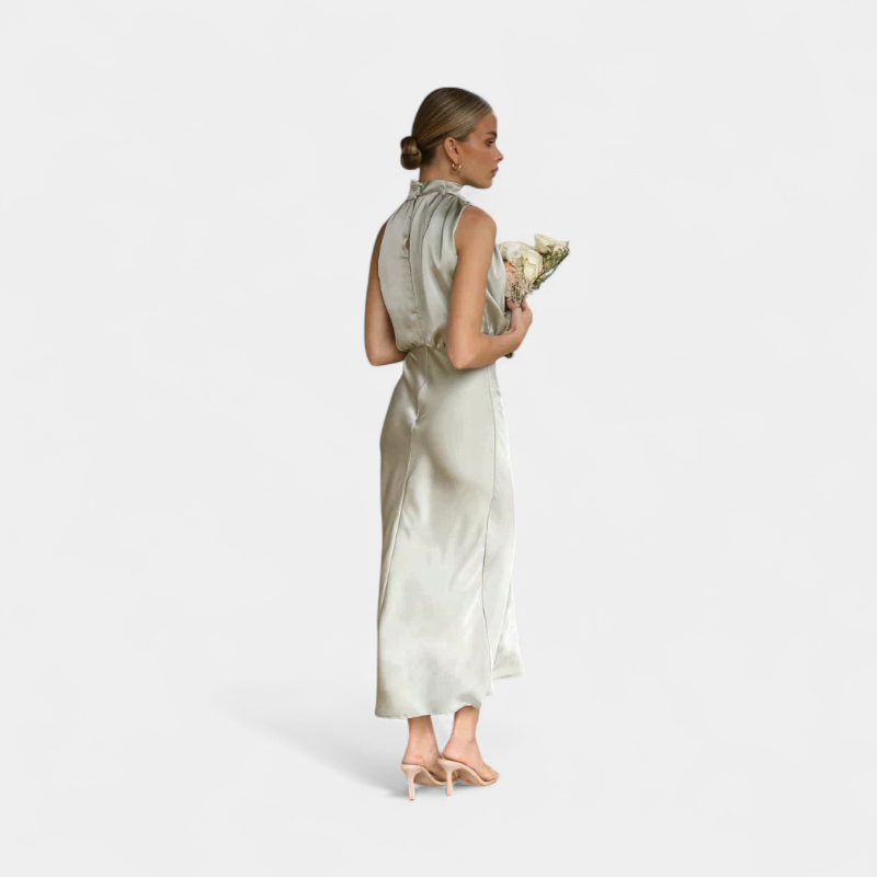 Gleame.-Party dress-Gleame Jurk - Satijnen midi-jurk met halternek en elegante plooival