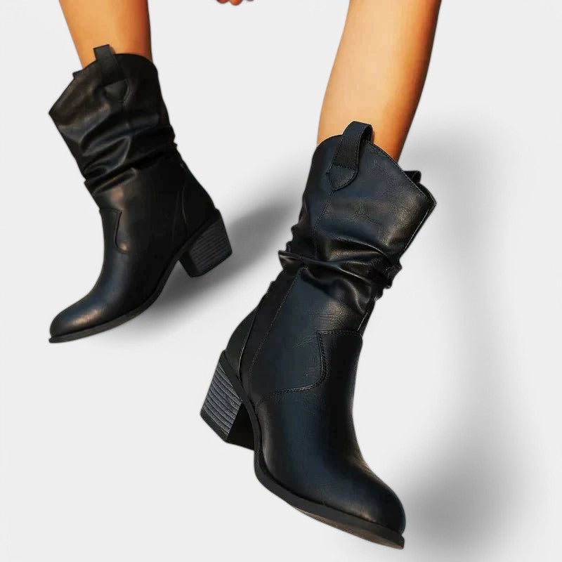 Gleame.-Schoenen-Gleame Cowboylaarzen - Retro laarzen met chunky hakken en rimpel PU leer