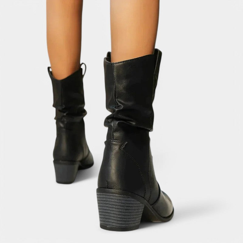 Gleame.-Schoenen-Gleame Cowboylaarzen - Retro laarzen met chunky hakken en rimpel PU leer