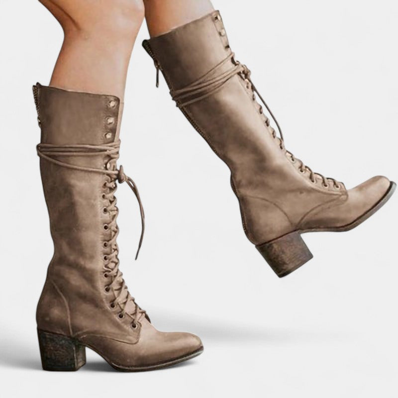 Gleame.-Schoenen-Gleame Dameslaarzen - Hoge veterlaarzen met zijrits en stevige hak