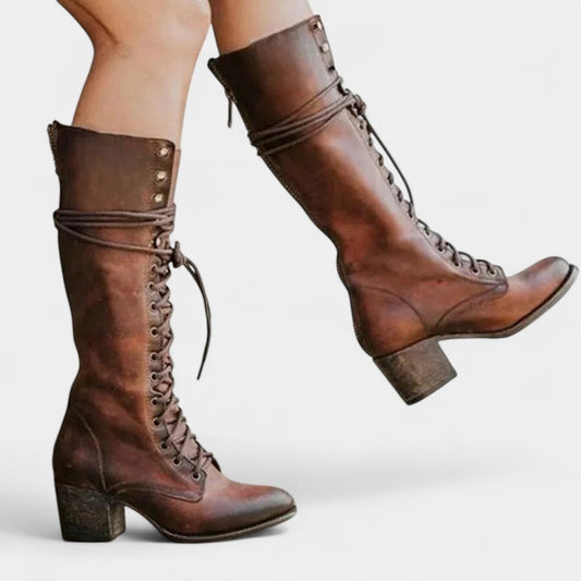 Gleame.-Schoenen-Gleame Dameslaarzen - Hoge veterlaarzen met zijrits en stevige hak