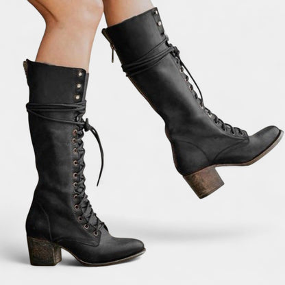 Gleame.-Schoenen-Gleame Dameslaarzen - Hoge veterlaarzen met zijrits en stevige hak