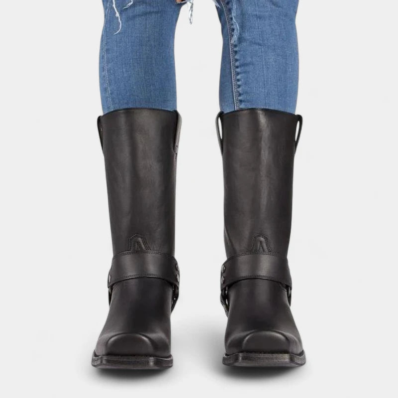 Gleame.-Schoenen-Gleame Laarzen – Dames cowboylaarzen van kunstleer met riemdetail en blokhak