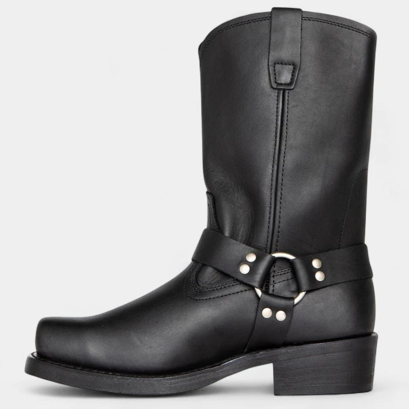 Gleame.-Schoenen-Gleame Laarzen – Dames cowboylaarzen van kunstleer met riemdetail en blokhak