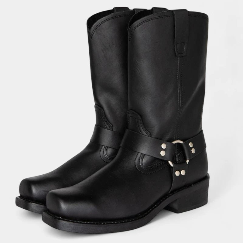 Gleame.-Schoenen-Gleame Laarzen – Dames cowboylaarzen van kunstleer met riemdetail en blokhak