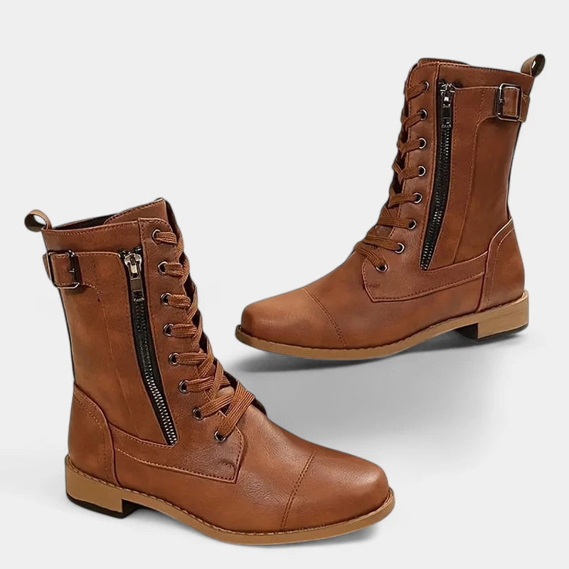 Gleame.-Schoenen-Gleame Mid-calf boots - Lederen veterschoenen met zijrits en gespsluiting voor dames