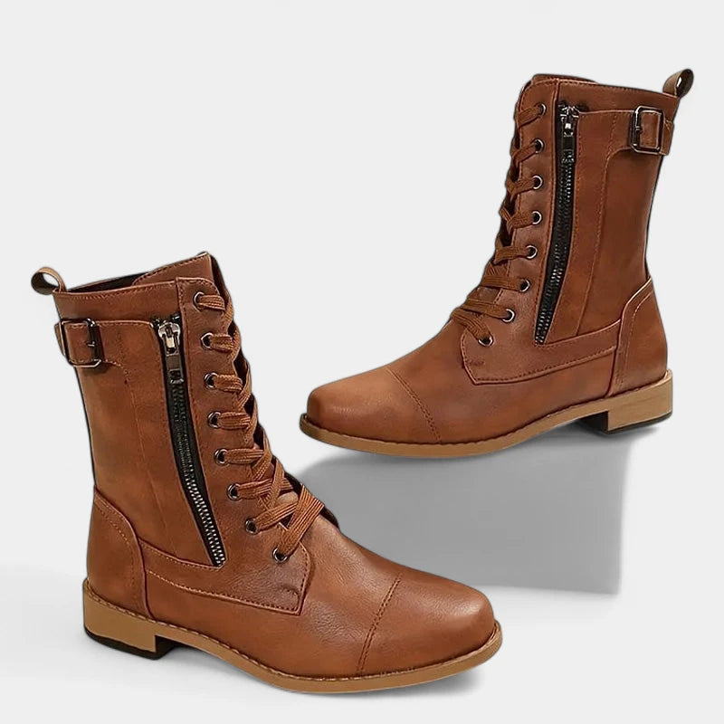 Gleame.-Schoenen-Gleame Mid-calf boots - Lederen veterschoenen met zijrits en gespsluiting voor dames