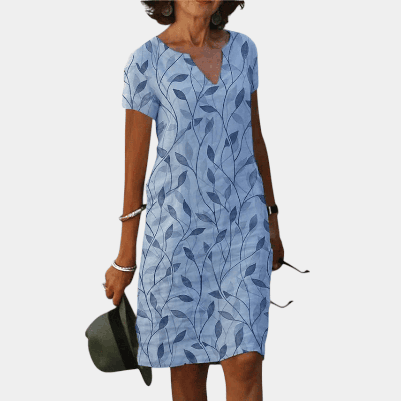Gleame.-Short dress-Gleame Jurk - Casual jurk met bladprint, korte mouwen en V-hals