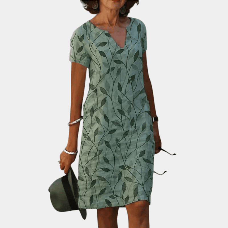 Gleame.-Short dress-Gleame Jurk - Casual jurk met bladprint, korte mouwen en V-hals