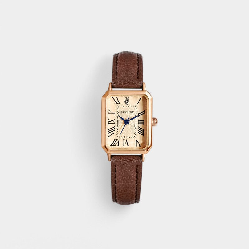Gleame.-Sieraden-Gleame Horloge - Leren horloge met vierkante kast in goud en bruin