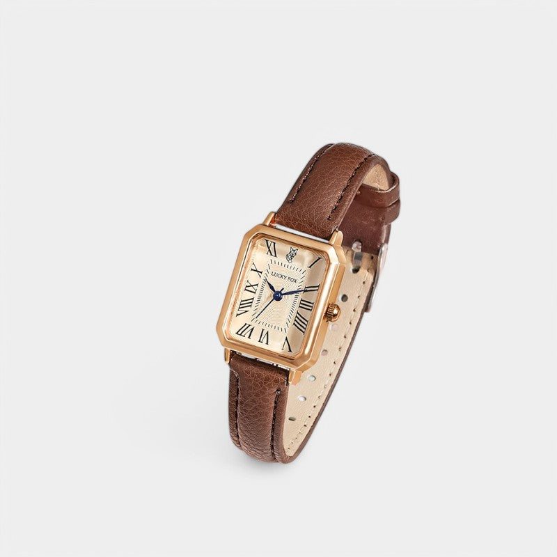 Gleame.-Sieraden-Gleame Horloge - Leren horloge met vierkante kast in goud en bruin