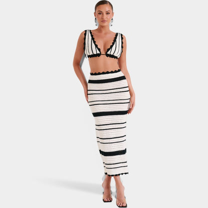 Gleame Strandset - Gebreide strandrok en top met gestreepte print