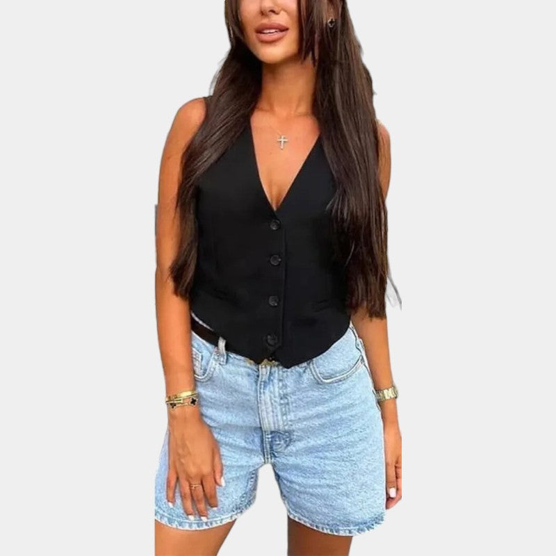 Gleame.-T-shirts &amp; hemden-Gleame Bijgesneden top - Zwarte en witte top met V-hals en mouwenloos