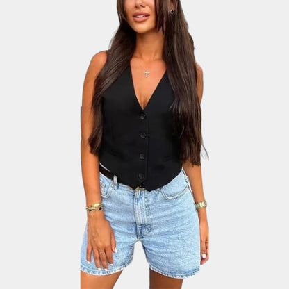 Gleame.-T-shirts &amp; hemden-Gleame Bijgesneden top - Zwarte en witte top met V-hals en mouwenloos