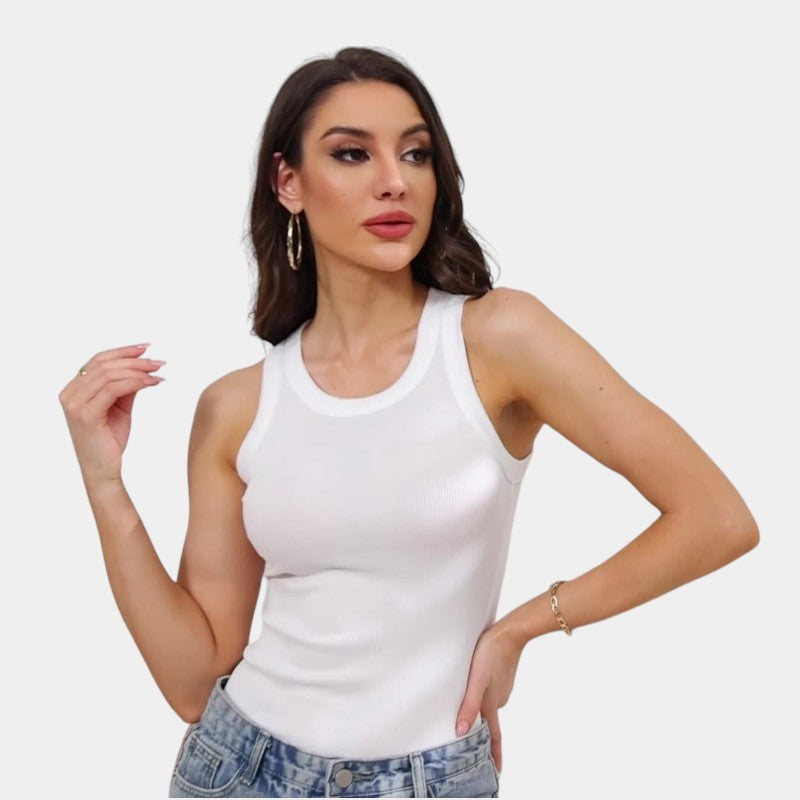 Gleame.-T-shirts &amp; hemden-Gleame Mouwloos Shirt - Knitted shirt met ronde hals in effen kleur