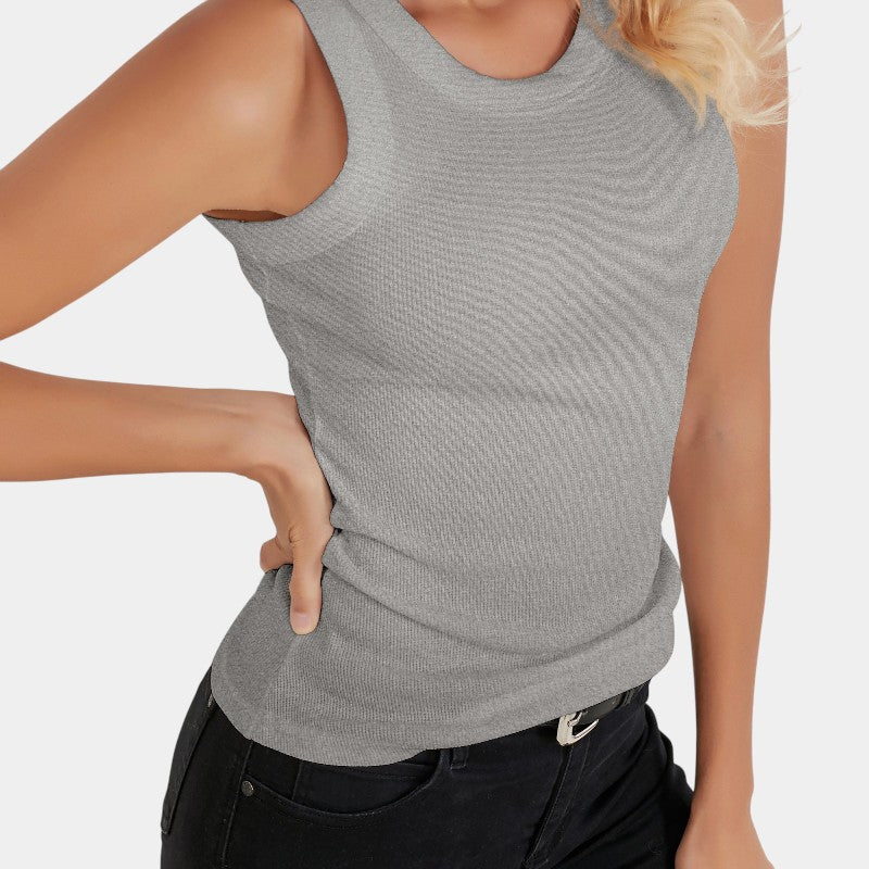 Gleame.-T-shirts &amp; hemden-Gleame Mouwloos Shirt - Knitted shirt met ronde hals in effen kleur