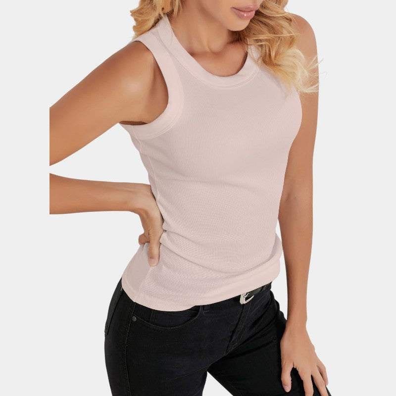 Gleame.-T-shirts &amp; hemden-Gleame Mouwloos Shirt - Knitted shirt met ronde hals in effen kleur
