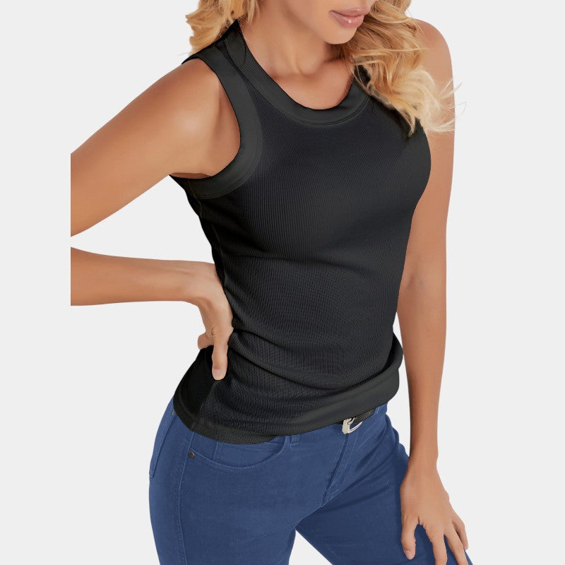Gleame.-T-shirts &amp; hemden-Gleame Mouwloos Shirt - Knitted shirt met ronde hals in effen kleur