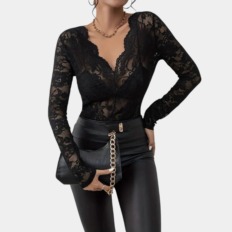 Gleame.-T-shirts & hemden-Gleame Top - Elegante V-hals top met bloemenkant en lange mouwen