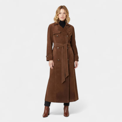 Gleame.-Trenchcoat-Gleame | Dames trenchcoat van suède met knoopsluiting en ceintuur in de taille