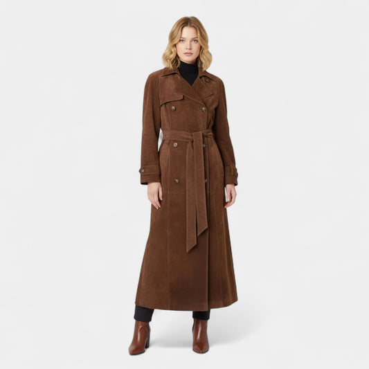 Gleame.-Trenchcoat-Gleame | Dames trenchcoat van suède met knoopsluiting en ceintuur in de taille