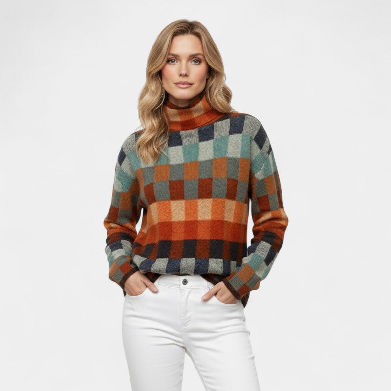 Gleame.-Trui-Gleame | Dames Coltrui van Kasjmier met Reruit Patchworkdesign