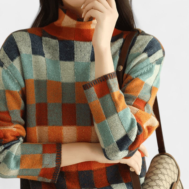 Gleame.-Trui-Gleame | Dames Coltrui van Kasjmier met Reruit Patchworkdesign