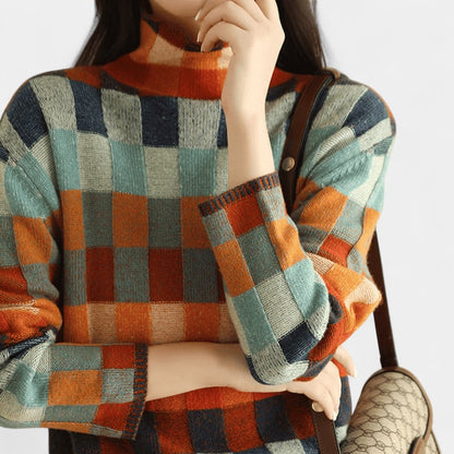 Gleame.-Trui-Gleame | Dames Coltrui van Kasjmier met Reruit Patchworkdesign