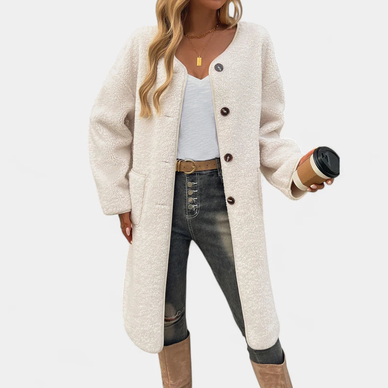 Gleame.-Truien &amp; Vesten-Gleame Cardigan – Lange fleece damesvest met knopen en steekzakken