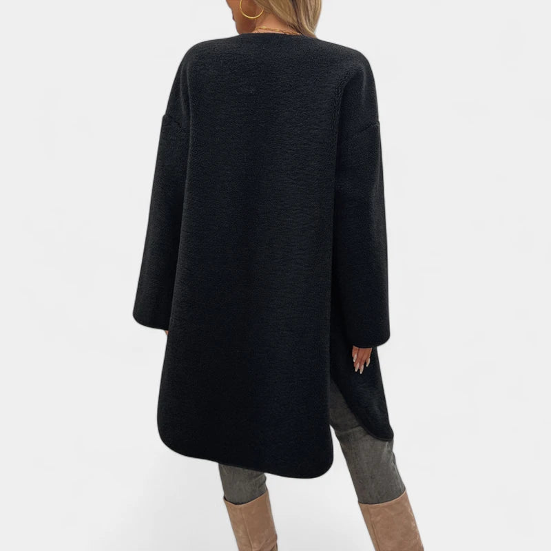 Gleame.-Truien &amp; Vesten-Gleame Cardigan – Lange fleece damesvest met knopen en steekzakken