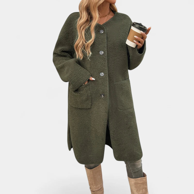 Gleame.-Truien &amp; Vesten-Gleame Cardigan – Lange fleece damesvest met knopen en steekzakken