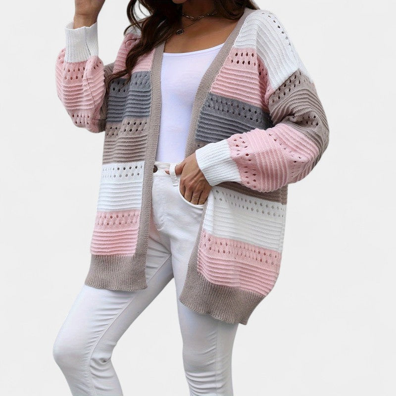 Gleame.-Truien & Vesten-Gleame Dames Vest – Oversized gebreid vest met open voorkant en kleurblokken