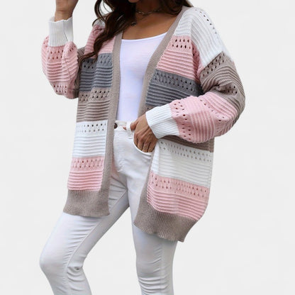 Gleame.-Truien &amp; Vesten-Gleame Dames Vest – Oversized gebreid vest met open voorkant en kleurblokken