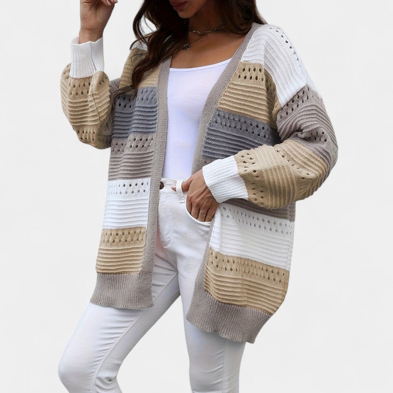 Gleame.-Truien &amp; Vesten-Gleame Dames Vest – Oversized gebreid vest met open voorkant en kleurblokken