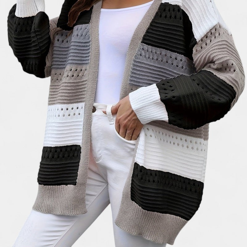 Gleame.-Truien &amp; Vesten-Gleame Dames Vest – Oversized gebreid vest met open voorkant en kleurblokken