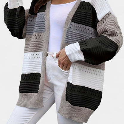 Gleame.-Truien &amp; Vesten-Gleame Dames Vest – Oversized gebreid vest met open voorkant en kleurblokken