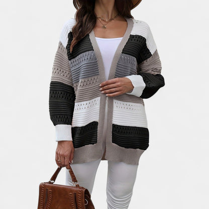 Gleame.-Truien &amp; Vesten-Gleame Dames Vest – Oversized gebreid vest met open voorkant en kleurblokken