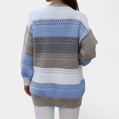 Gleame.-Truien &amp; Vesten-Gleame Dames Vest – Oversized gebreid vest met open voorkant en kleurblokken