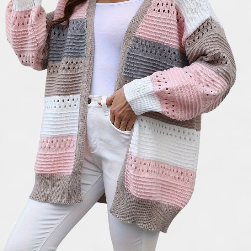 Gleame.-Truien &amp; Vesten-Gleame Dames Vest – Oversized gebreid vest met open voorkant en kleurblokken